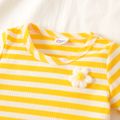 2pcs Baby Girl 3D Flower Design Striped Ribbed Short-sleeve Top and Shorts Set Yellow