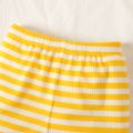 2pcs Baby Girl 3D Flower Design Striped Ribbed Short-sleeve Top and Shorts Set Yellow