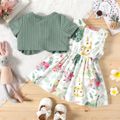 2pcs Baby Girl Solid Ribbed Short-sleeve Ruffle Top and Allover Rabbit Print Sleeveless Dress Set GrayGreen