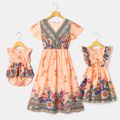 Boho Floral Print Cross Wrap V Neck Ruffle Sleeve Dress for Mom and Me Colorful