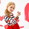 Kid Girl Heart Print Stripe Mesh Splice Long-sleeve Dress Red