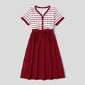 Family Matching Striped V Neck Button Up Short-sleeve Splicing Dresses and Colorblock T-shirts Sets Burgundy