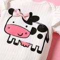 2pcs Baby Girl Cartoon Cow Print Ribbed Ruffle Short-sleeve Romper and Bowknot Shorts Set BlackandWhite