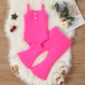 2pcs Baby Girl Fluorescent Color Spaghetti Strap Ribbed Romper and Flared Pants Set Peach image 1