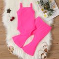 2pcs Baby Girl Fluorescent Color Spaghetti Strap Ribbed Romper and Flared Pants Set Peach