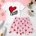 Valentine's Day 2-piece Kid Girl Letter Heart Print White Tee and Heart Embroidered Pink Mesh Skirt Set White