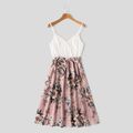 Ribbed Spaghetti Strap Sleeveless Splicing Floral Print Belted Dress for Mom and Me White