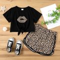 2-piece Kid Girl Leopard Mouth Print Tie Knot Short-sleeve Tee and Shorts Set Black