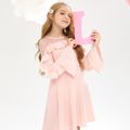 Kid Girl Lace Design Ruffled Long Bell sleeves Dress Pink