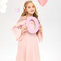 Kid Girl Lace Design Ruffled Long Bell sleeves Dress Pink