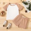 2-piece Toddler Boy Waffle Colorblock Raglan Sleeve Tee and Solid Color Shorts Set Brown image 3