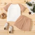 2-piece Toddler Boy Waffle Colorblock Raglan Sleeve Tee and Solid Color Shorts Set Brown image 3