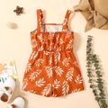 Toddler Girl Leaf Print Button Design Strap Romper Brown image 2