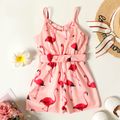 Toddler Girl Flamingo Print Button Design Belted Cami Romper Jumpsuit Shorts Pink image 2