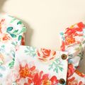 Toddler Girl Floral Print/Coral Red Square Neck Button Design Flutter-sleeve Dress White image 4