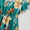 Family Matching All Over Floral Print Mint Green V Neck Ruffle Short-sleeve Dresses and Raglan-sleeve T-shirts Sets Turquoise