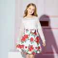 2-piece Kid Girl Lace Design Long-sleeve Tee and Bowknot Design Floral Print Skirt Set White image 1