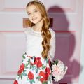 2-piece Kid Girl Lace Design Long-sleeve Tee and Bowknot Design Floral Print Skirt Set White image 4