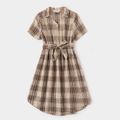 Family Matching Plaid Lapel Short-sleeve Dresses and Splicing Polo Shirts Sets Color block