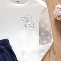 2-piece Kid Girl Easter Rabbit Print Polka dots Mesh Long-sleeve White Tee and Elasticized Dark Blue Skirt Set BLUEWHITE