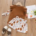 2-piece Toddler Girl Letter Embroidered Flutter-sleeve Tee and Floral Print Elasticized Skirt Set Brown