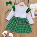 St. Patrick's Day Toddler Girl Lucky Clover Print Green Plaid Mesh Design Splice Long-sleeve Dress Green