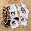 Family Mtching Characters and Letter Print Leopard Swim Trunks Shorts and One-Piece Swimsuit White