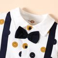 Button Allover Bow Tie and Bear Applique Decor Lapel Collar Faux-two Design Short-sleeve Dark Blue Baby Romper Dark Blue