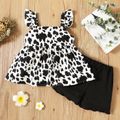 2-piece Toddler Girl Cow Print Bowknot Design Ruffled Camisole and Lettuce Trim Black Shorts Set Black/White