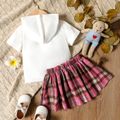 2-piece Toddler Girl Bear Embroidered Hooded White Tee and Pink Plaid Skirt Set Pink