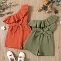 Toddler Girl 100% Cotton One Shoulder Flounce Belted Romper Jumpsuit Shorts LightArmyGreen image 1