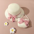 Toddler / Kid Lace-up Bow Straw Bucket Hat and Straw Bag Set for Girls Pink