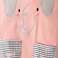 Baby Girl Cartoon Elephant Embroidered Stripe Splicing Pink Ribbed Overalls Pink