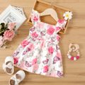Baby Girl Button Design Pink Plaid/Floral Print Flutter-sleeve Dress Color block