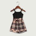 Black Ribbed Splicing Plaid Belted Spaghetti Strap Romper for Mom and Me Apricot