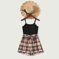 Black Ribbed Splicing Plaid Belted Spaghetti Strap Romper for Mom and Me Apricot