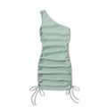 100% Cotton Solid Ribbed One Shoulder Sleeveless Mini Bodycon Ruched Drawstring Dress for Mom and Me Turquoise