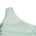 100% Cotton Solid Ribbed One Shoulder Sleeveless Mini Bodycon Ruched Drawstring Dress for Mom and Me Turquoise