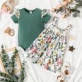 2pcs Baby Girl Green Ribbed Short-sleeve Romper and Floral Print Overall Dress Set DarkGreen