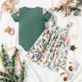 2pcs Baby Girl Green Ribbed Short-sleeve Romper and Floral Print Overall Dress Set DarkGreen