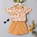 2-piece Kid Girl Floral Print Cold Shoulder Short-sleeve Top and Solid Color Shorts Set Yellow