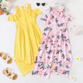 Kid Girl Cold Shoulder Butterfly Floral Print/Yellow Short-sleeve Jumpsuits Pink