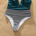 Family Matching Striped Swim Trunks Shorts and Halter Neck Splicing Ruched One-Piece Swimsuit Bluish Grey