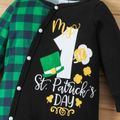 St. Patrick's Day Baby Boy Four-leaf Clover and Letter Print Plaid Splicing Long-sleeve Snap Jumpsuit Dark Green