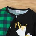 St. Patrick's Day Baby Boy Four-leaf Clover and Letter Print Plaid Splicing Long-sleeve Snap Jumpsuit Dark Green