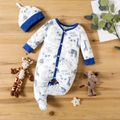 2pcs Baby Boy/Girl All Over Animal Print Long-sleeve Footed Jumpsuit with Hat Set White