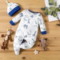 2pcs Baby Boy/Girl All Over Animal Print Long-sleeve Footed Jumpsuit with Hat Set White