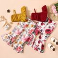 2-piece Toddlrt Girl Ruffled Camisole Tank Top and Floral Print Flared Pants Set Burgundy