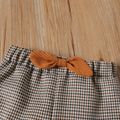 2-piece Toddler Girl Mock Neck Long-sleeve Ribbed Brown Top and Bowknot Design Elasticized Plaid Shorts Set Brown