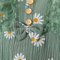 100% Cotton Crepe 2pcs Baby Girl Daisy Floral Print Lace Bowknot Long-sleeve Jumpsuit Set Light Green